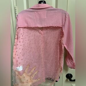 Pink linen Hello Gorgeous boutique size large roll tab sleeves